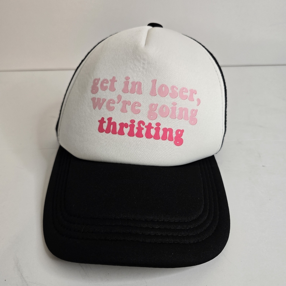 White and Black Trucker Hat with Pink Text